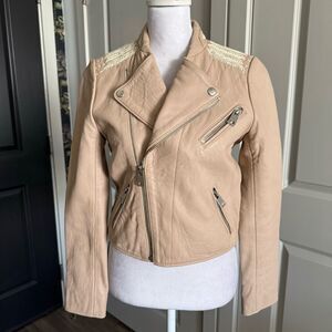 Maje Beige Leather Biker Jacket with Embroidered Shoulders